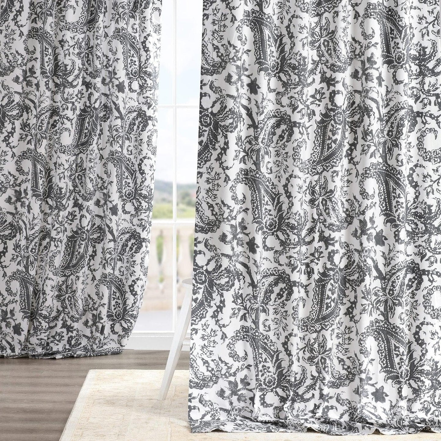 Edina Washed Grey Paisley Printed Cotton Room Darkening Curtain