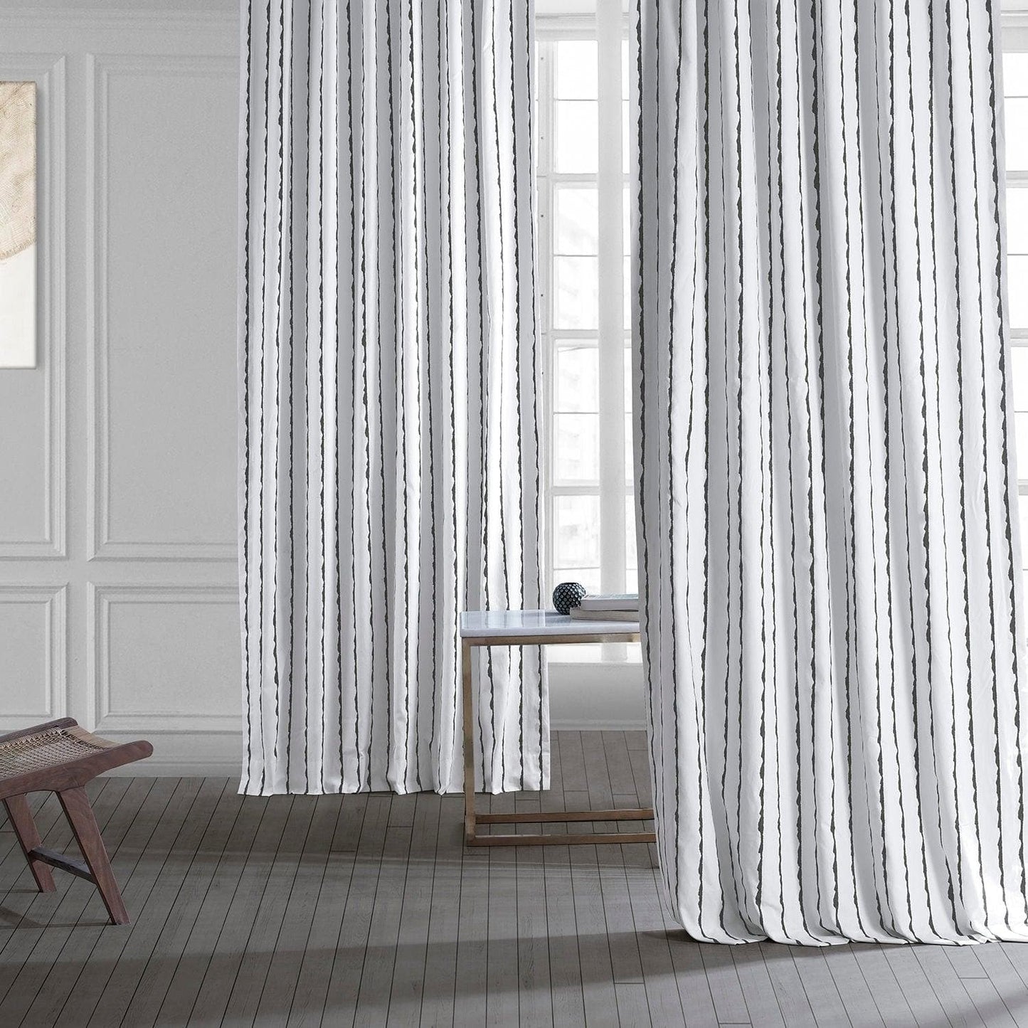 Sharkskin Black Striped Printed Cotton Room Darkening Curtain