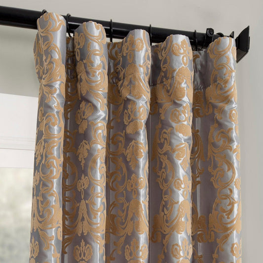 Firenze Platinum & Gold Damask Designer Flocked Room Darkening Curtain