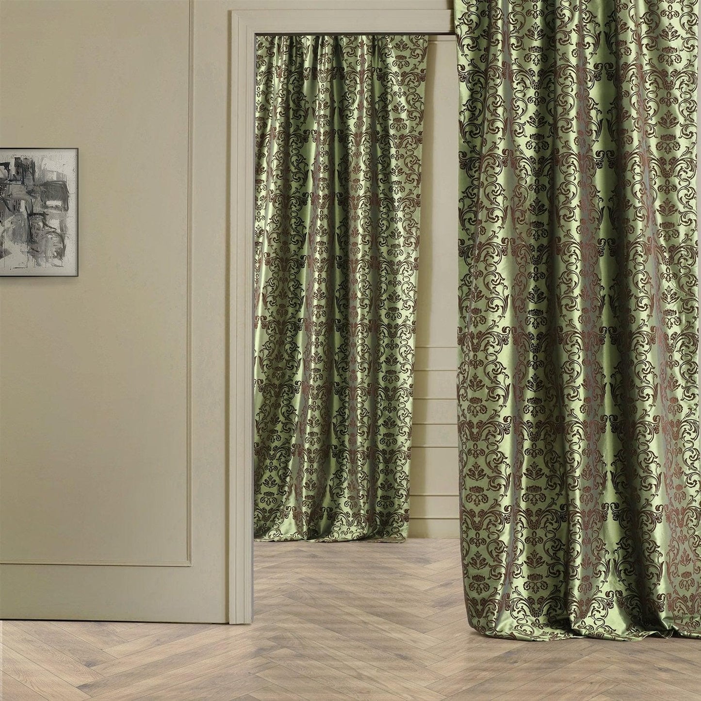 Firenze Green & Brown Damask Designer Flocked Room Darkening Curtain
