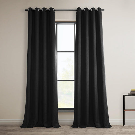 Essential Black Grommet Textured Faux Linen Room Darkening Curtain