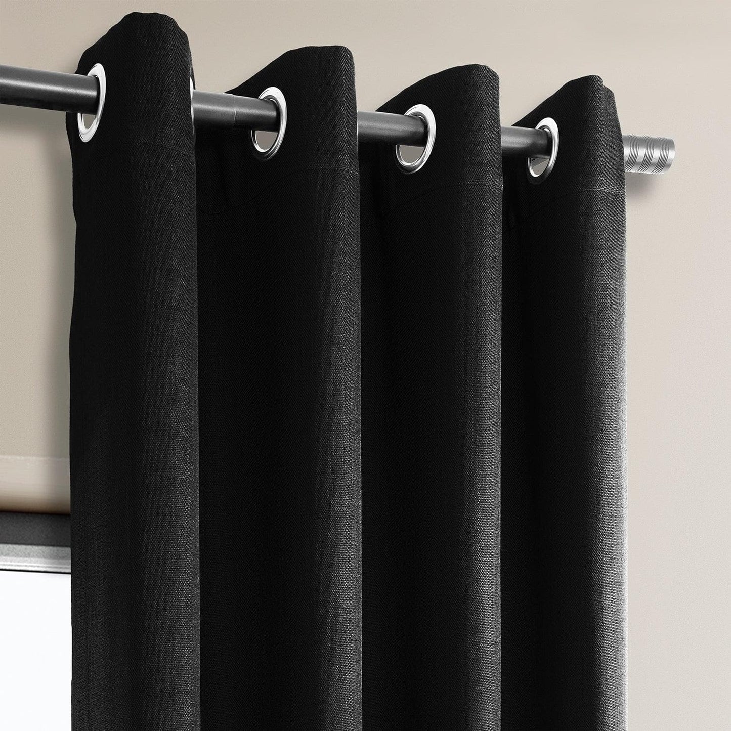 Essential Black Grommet Textured Faux Linen Room Darkening Curtain