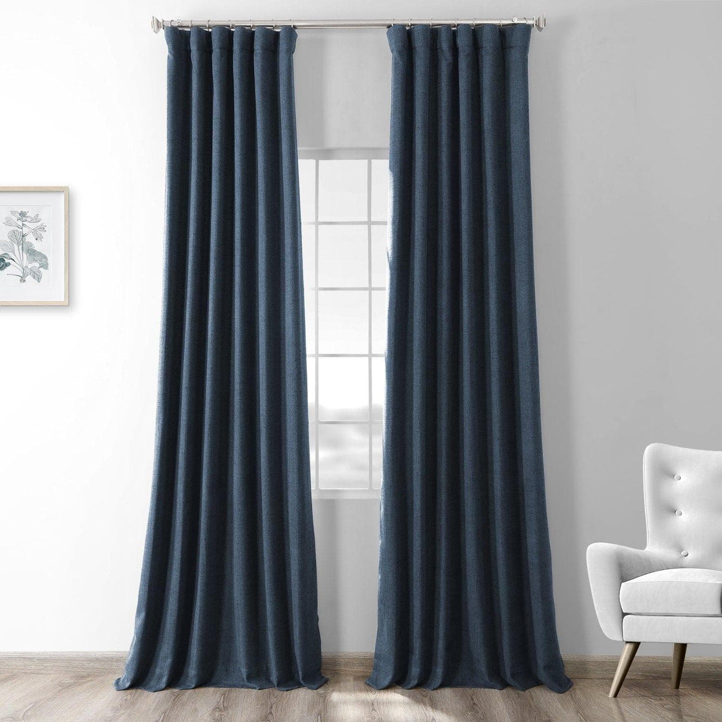 Dark Denim Blue Heathered Woolen Weave Room Darkening Curtain