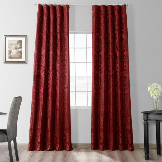 Red & Bronze Damask Faux Silk Jacquard Room Darkening Curtain