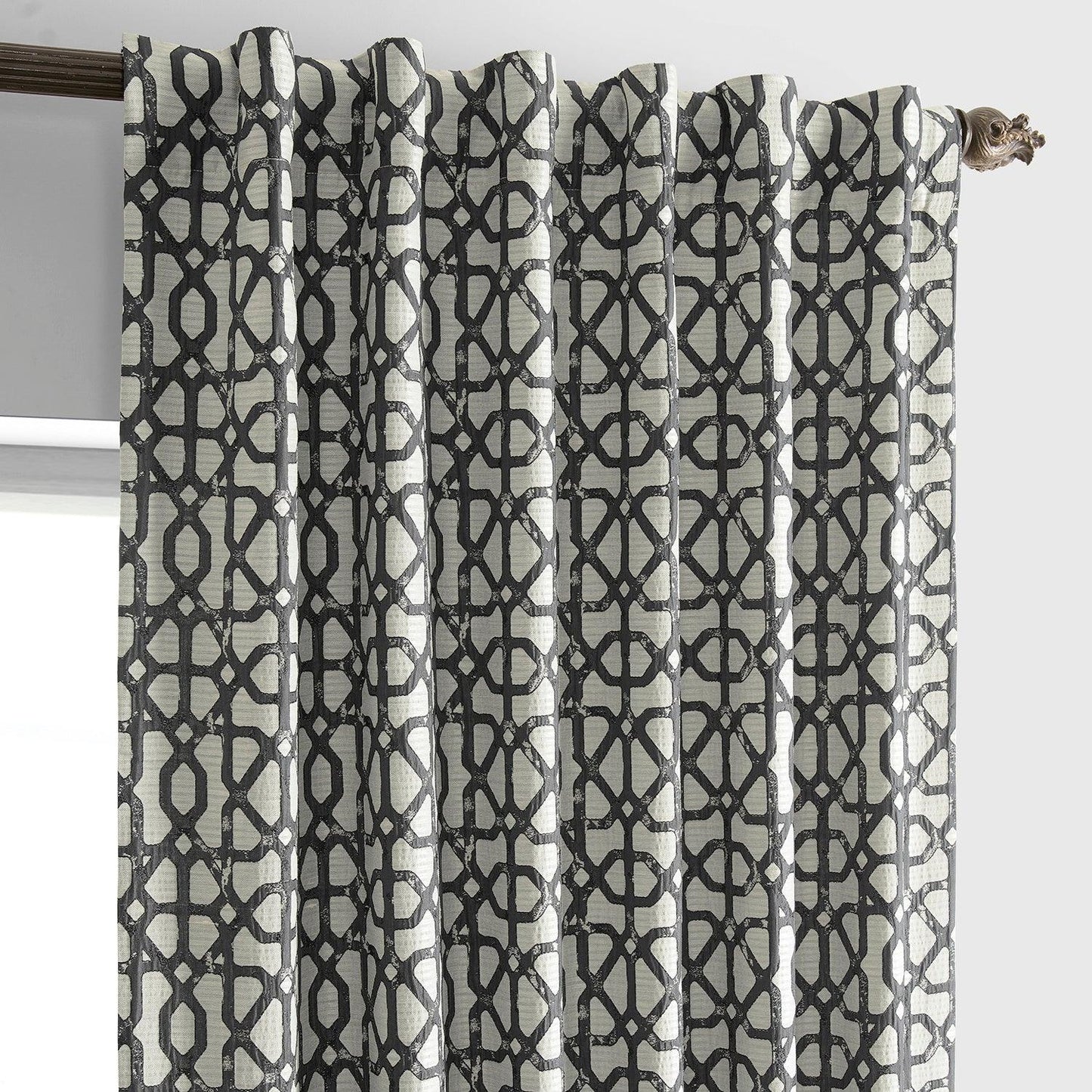 Metro Black Geometric Faux Silk Jacquard Room Darkening Curtain
