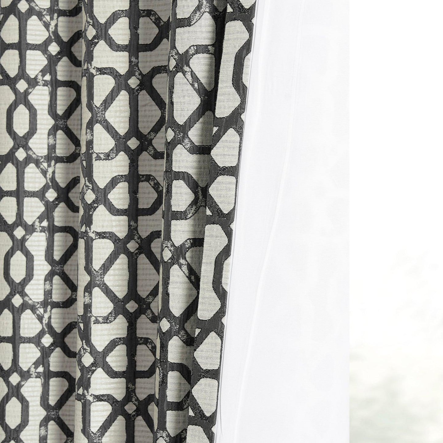 Metro Black Geometric Faux Silk Jacquard Room Darkening Curtain