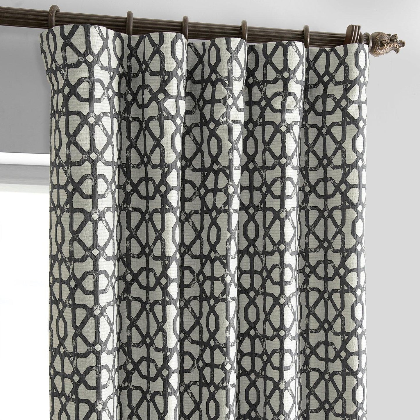 Metro Black Geometric Faux Silk Jacquard Room Darkening Curtain