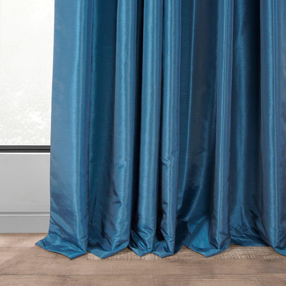 Captain's Blue French Pleat Vintage Textured Faux Dupioni Silk Blackout Curtain
