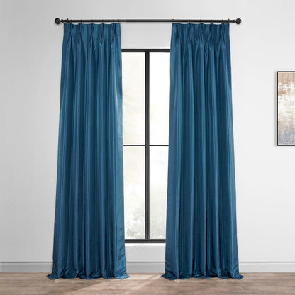 Captain's Blue French Pleat Vintage Textured Faux Dupioni Silk Blackout Curtain