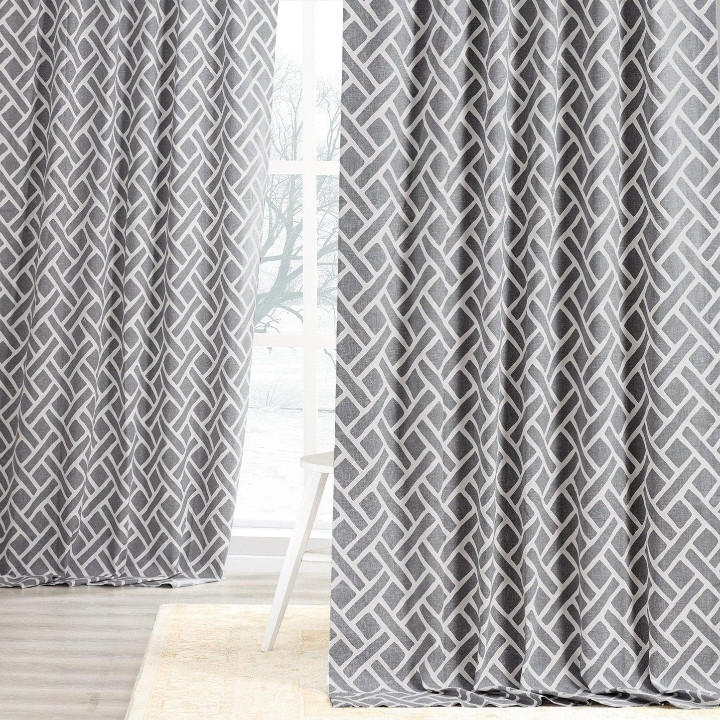 Martinique Grey Geometric Printed Cotton Room Darkening Curtain
