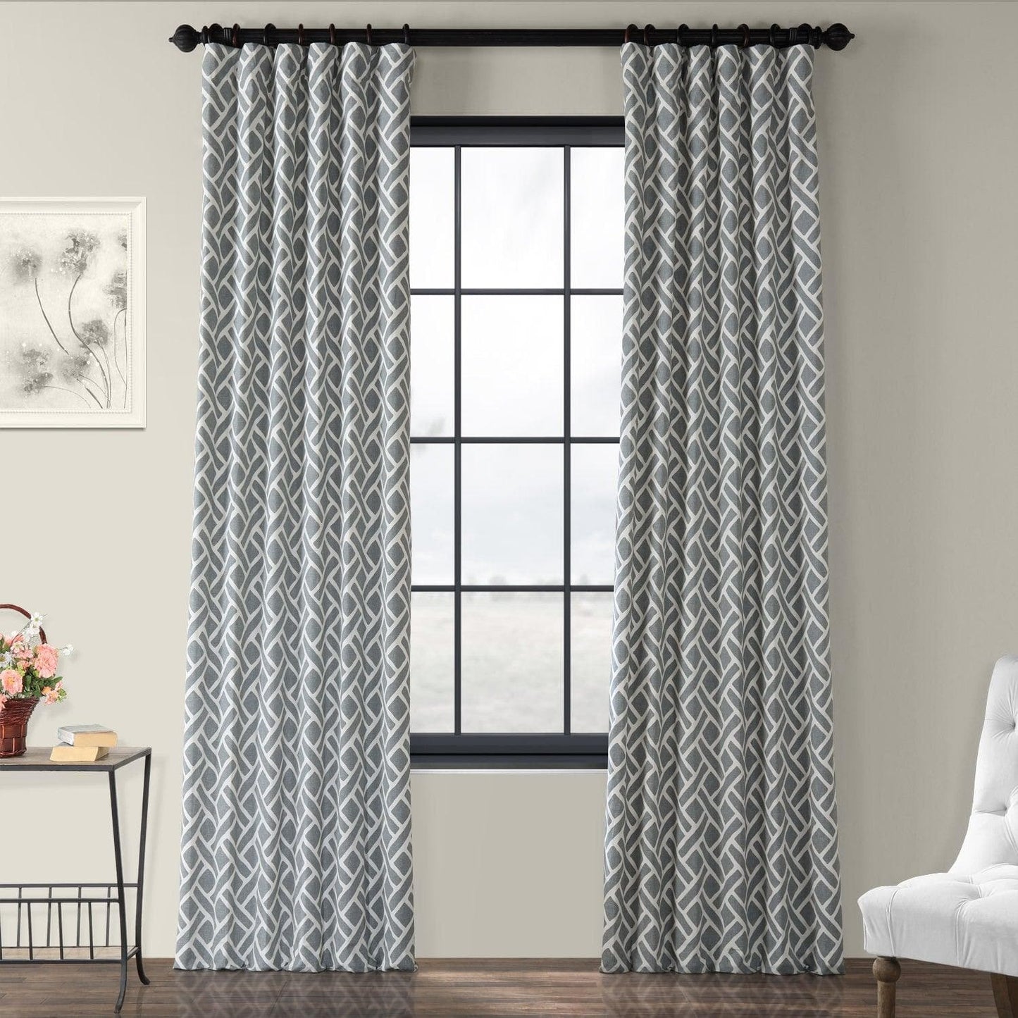 Martinique Grey Geometric Printed Cotton Room Darkening Curtain