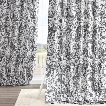 Edina Washed Grey Paisley Printed Cotton Room Darkening Curtain