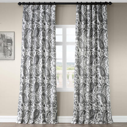 Edina Washed Grey Paisley Printed Cotton Room Darkening Curtain