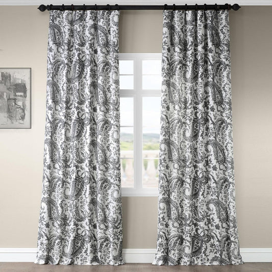Edina Washed Grey Paisley Printed Cotton Room Darkening Curtain