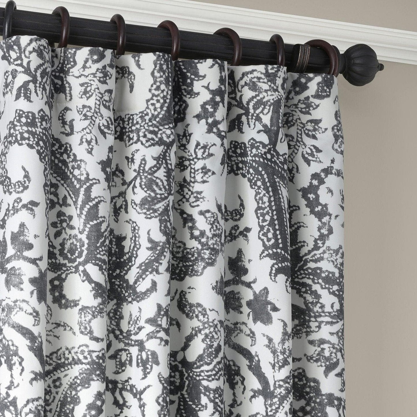 Edina Washed Grey Paisley Printed Cotton Room Darkening Curtain