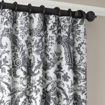 Edina Washed Grey Paisley Printed Cotton Room Darkening Curtain