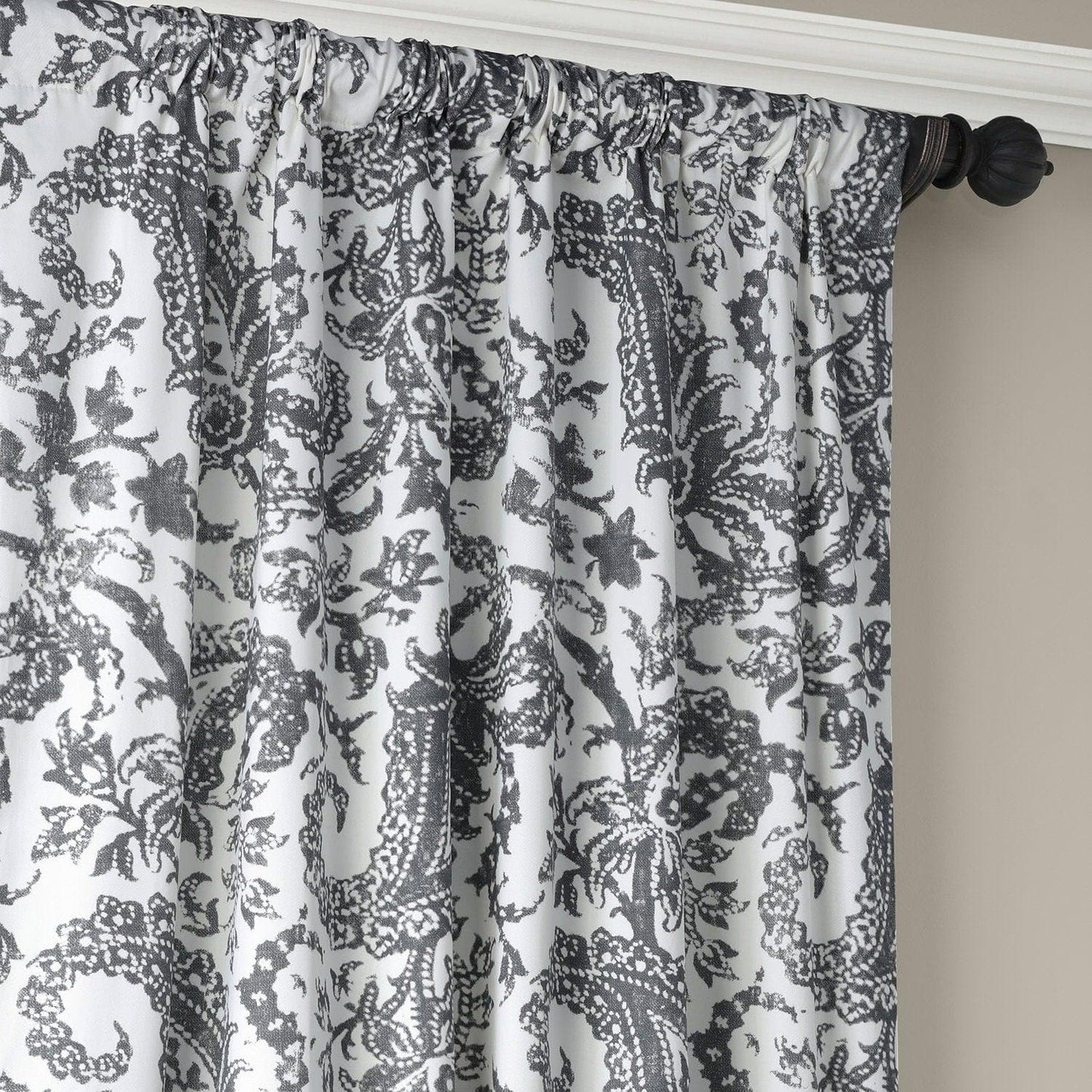 Edina Washed Grey Paisley Printed Cotton Room Darkening Curtain