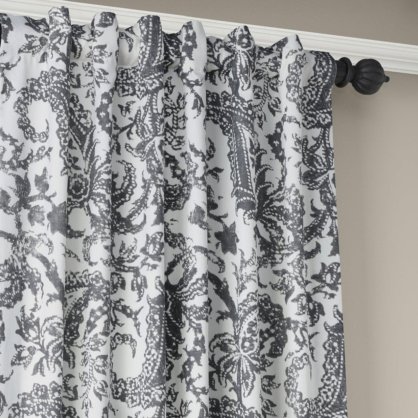 Edina Washed Grey Paisley Printed Cotton Room Darkening Curtain