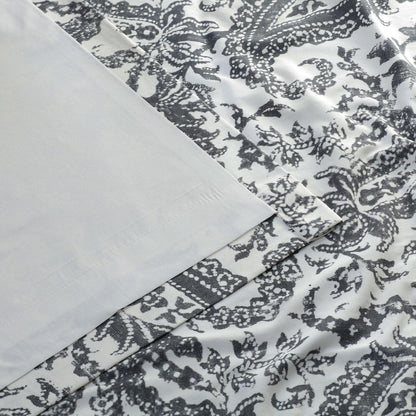 Edina Washed Grey Paisley Printed Cotton Room Darkening Curtain