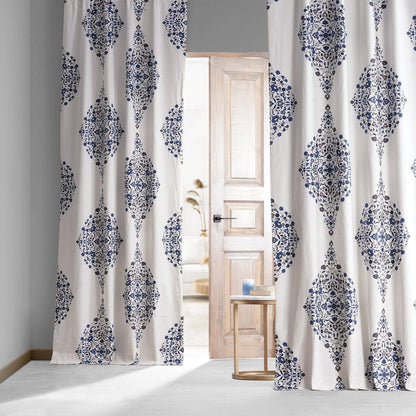 Kerala Blue Emblem Printed Cotton Hotel Blackout Curtain