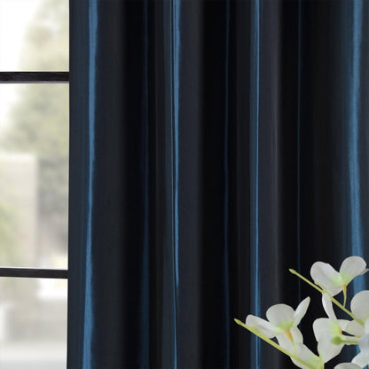 Navy Blue Grommet Faux Silk Taffeta Blackout Curtain