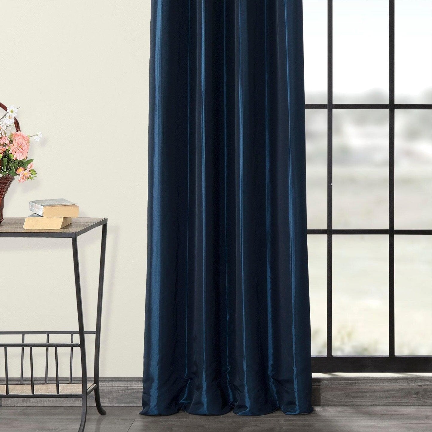 Navy Blue Grommet Faux Silk Taffeta Blackout Curtain