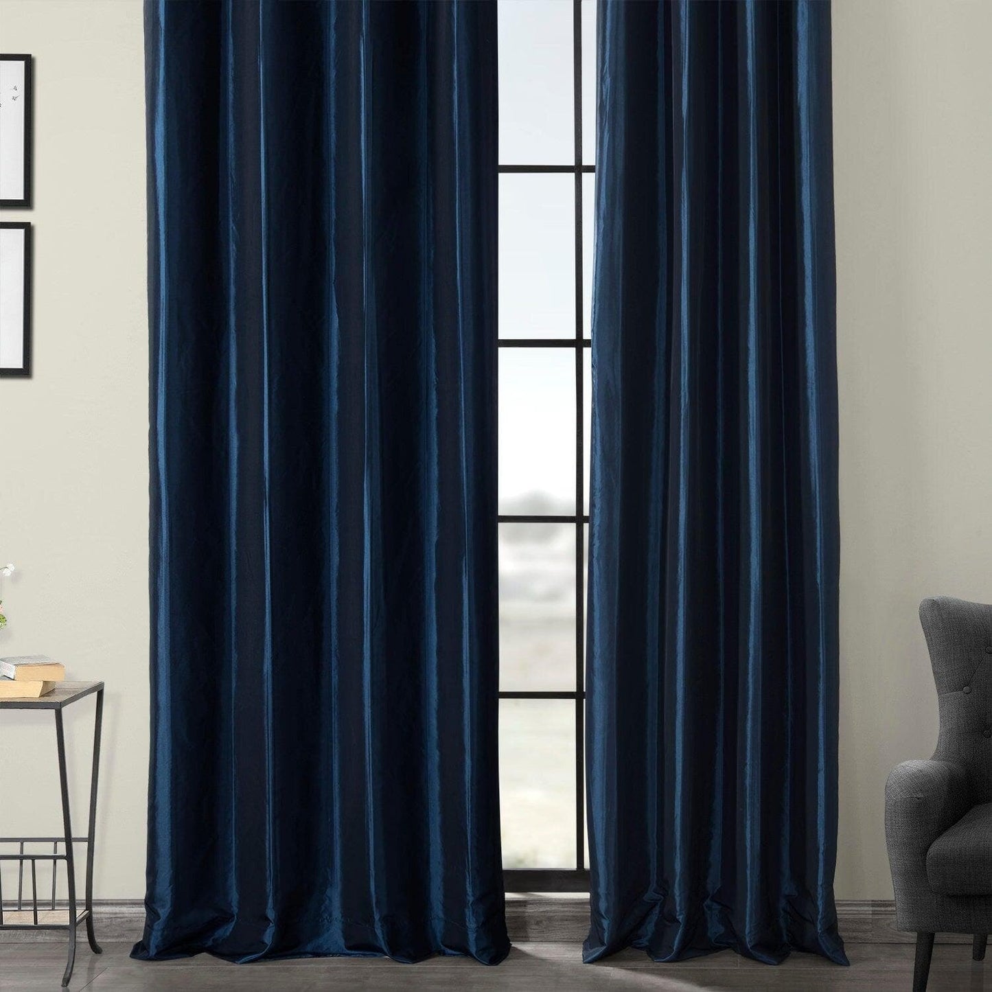 Navy Blue Grommet Faux Silk Taffeta Blackout Curtain