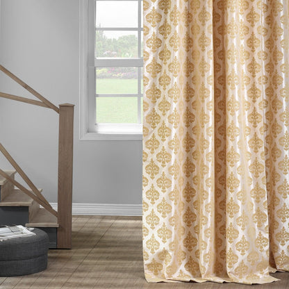Beatrice Champagne Beige Damask Designer Flocked Room Darkening Curtain