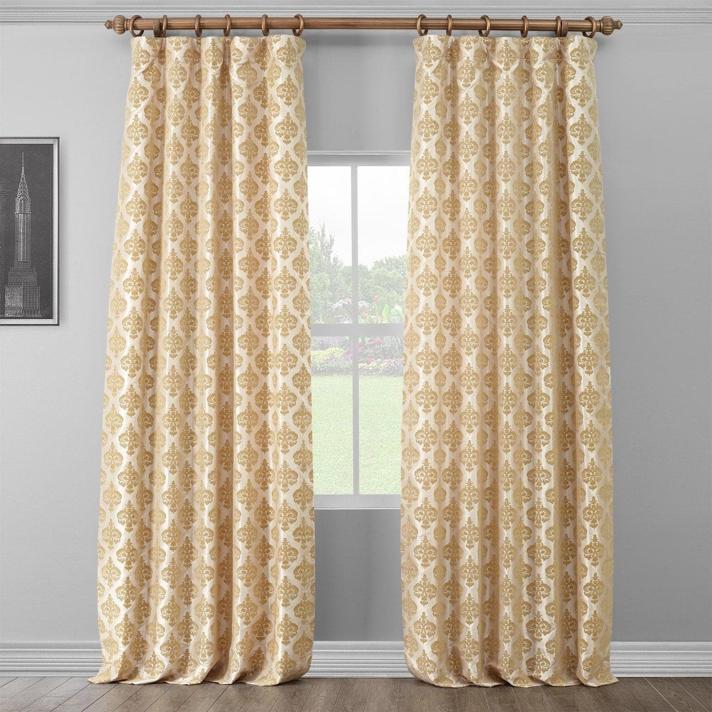 Beatrice Champagne Beige Damask Designer Flocked Room Darkening Curtain