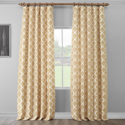 Beatrice Champagne Beige Damask Designer Flocked Room Darkening Curtain