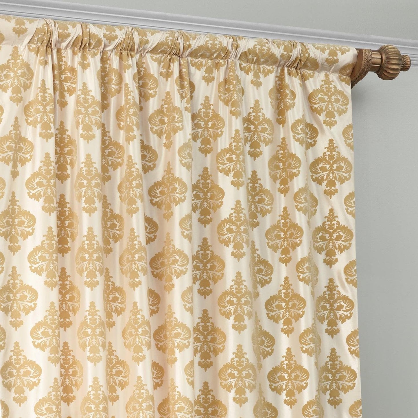 Beatrice Champagne Beige Damask Designer Flocked Room Darkening Curtain