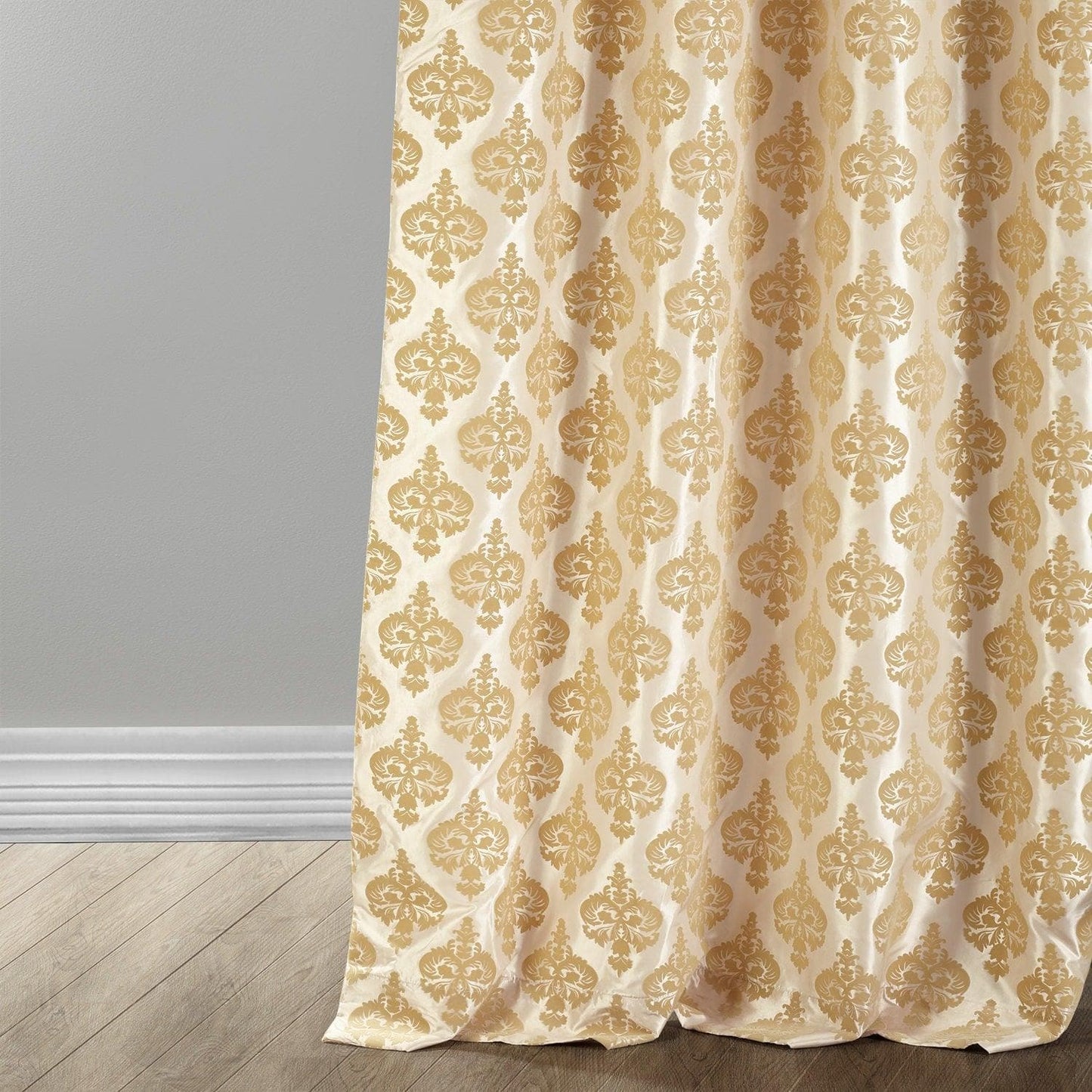 Beatrice Champagne Beige Damask Designer Flocked Room Darkening Curtain