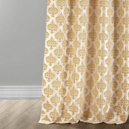 Beatrice Champagne Beige Damask Designer Flocked Room Darkening Curtain