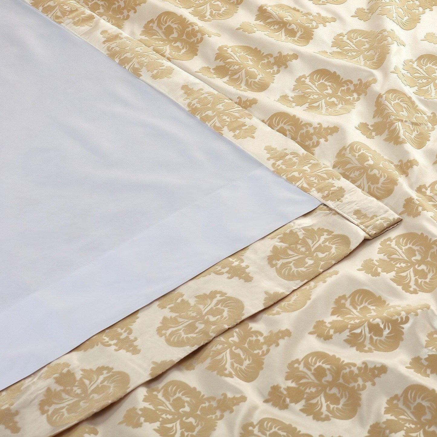 Beatrice Champagne Beige Damask Designer Flocked Room Darkening Curtain