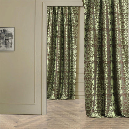 Firenze Green & Brown Damask Designer Flocked Room Darkening Curtain