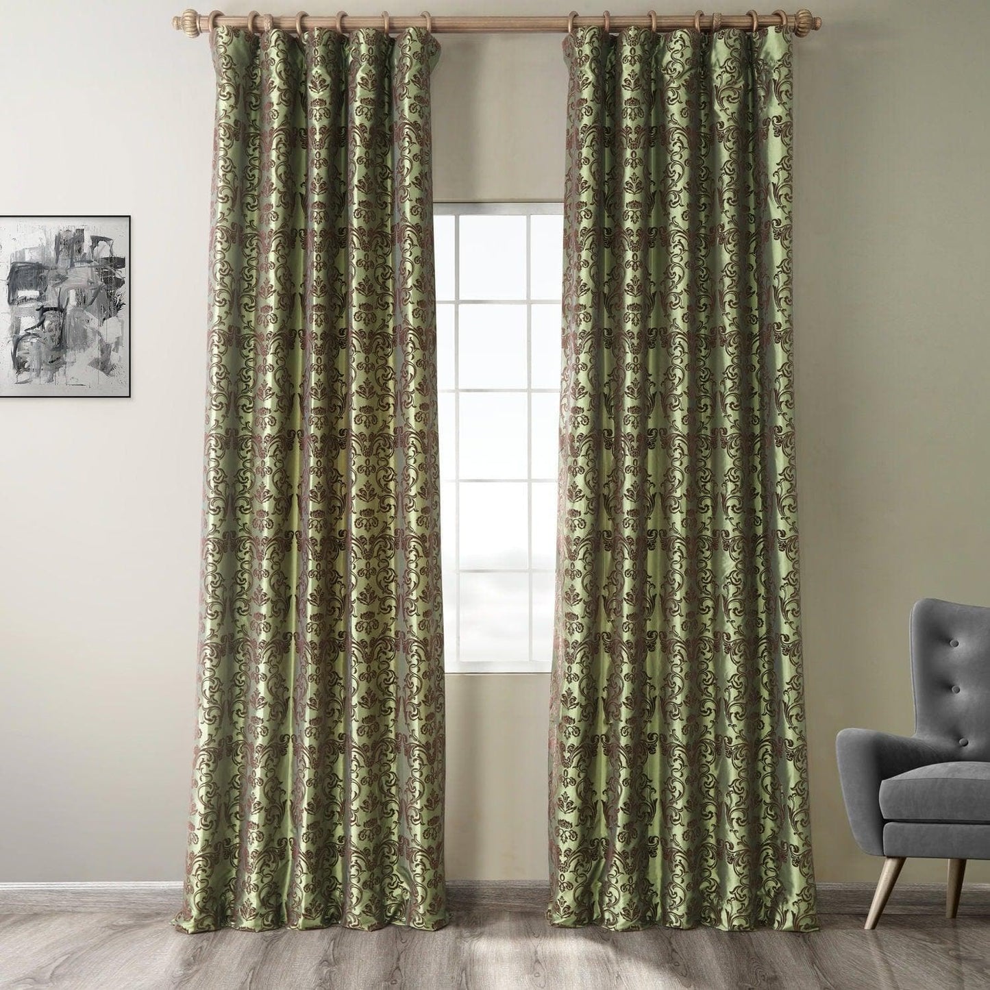 Firenze Green & Brown Damask Designer Flocked Room Darkening Curtain