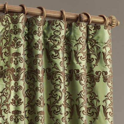 Firenze Green & Brown Damask Designer Flocked Room Darkening Curtain