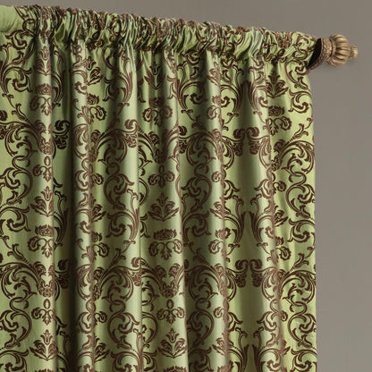 Firenze Green & Brown Damask Designer Flocked Room Darkening Curtain