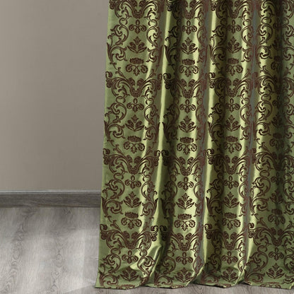 Firenze Green & Brown Damask Designer Flocked Room Darkening Curtain