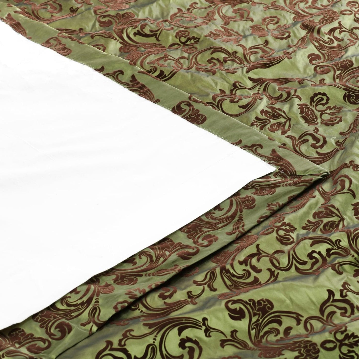 Firenze Green & Brown Damask Designer Flocked Room Darkening Curtain