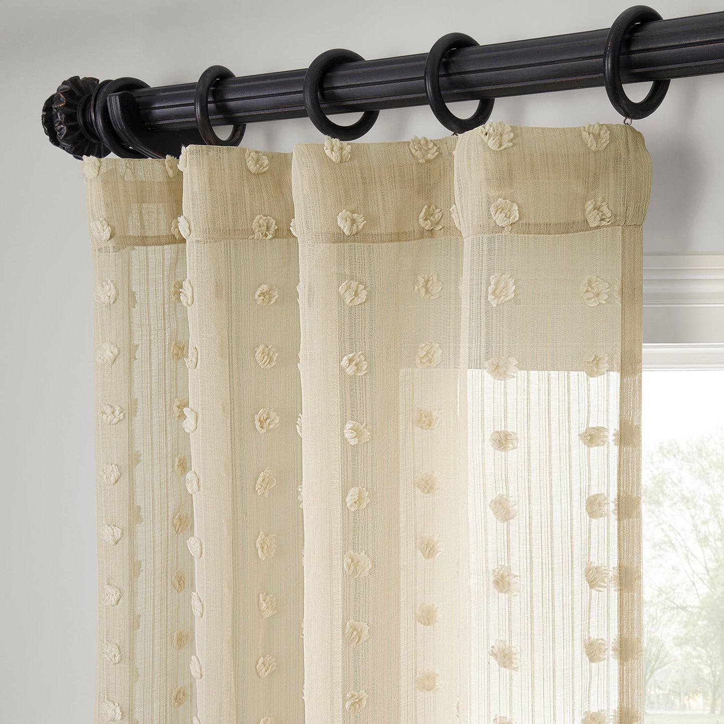 Strasbourg Dot Beige Geometric Patterned Faux Linen Sheer Curtain