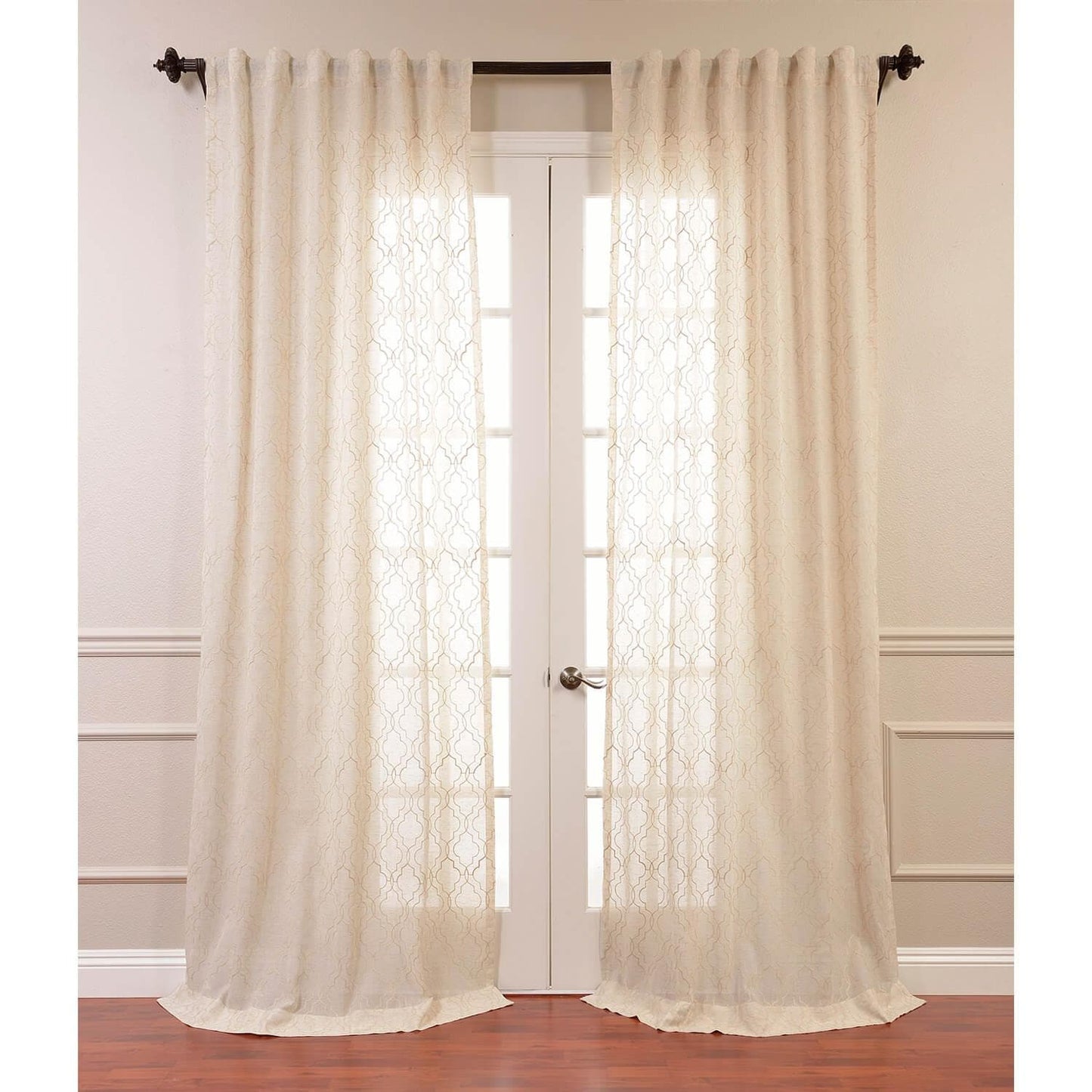 Saida Natural Embroidered Geometric Patterned Faux Linen Sheer Curtain
