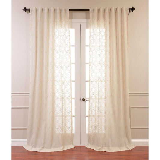 Saida Natural Embroidered Geometric Patterned Faux Linen Sheer Curtain