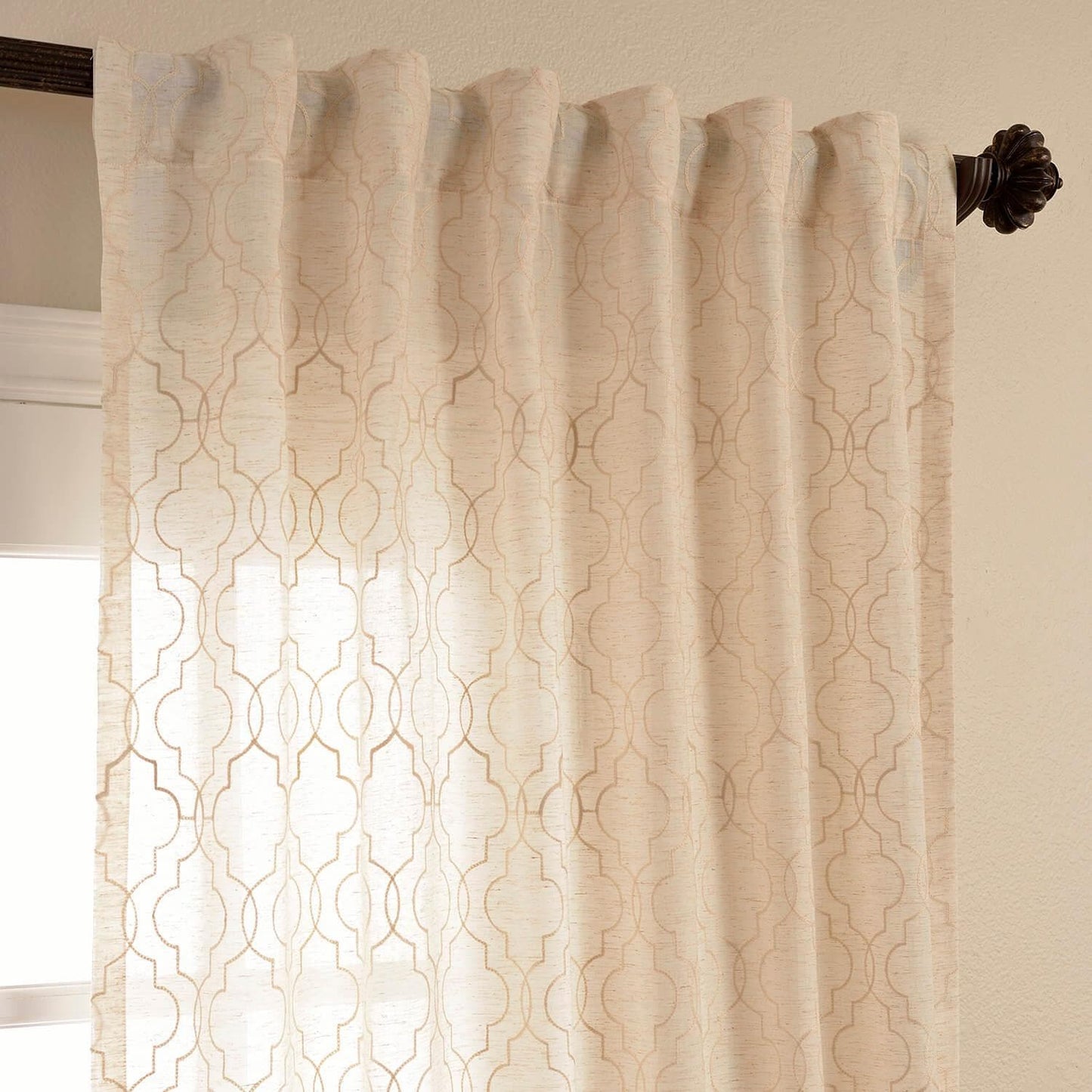 Saida Natural Embroidered Geometric Patterned Faux Linen Sheer Curtain