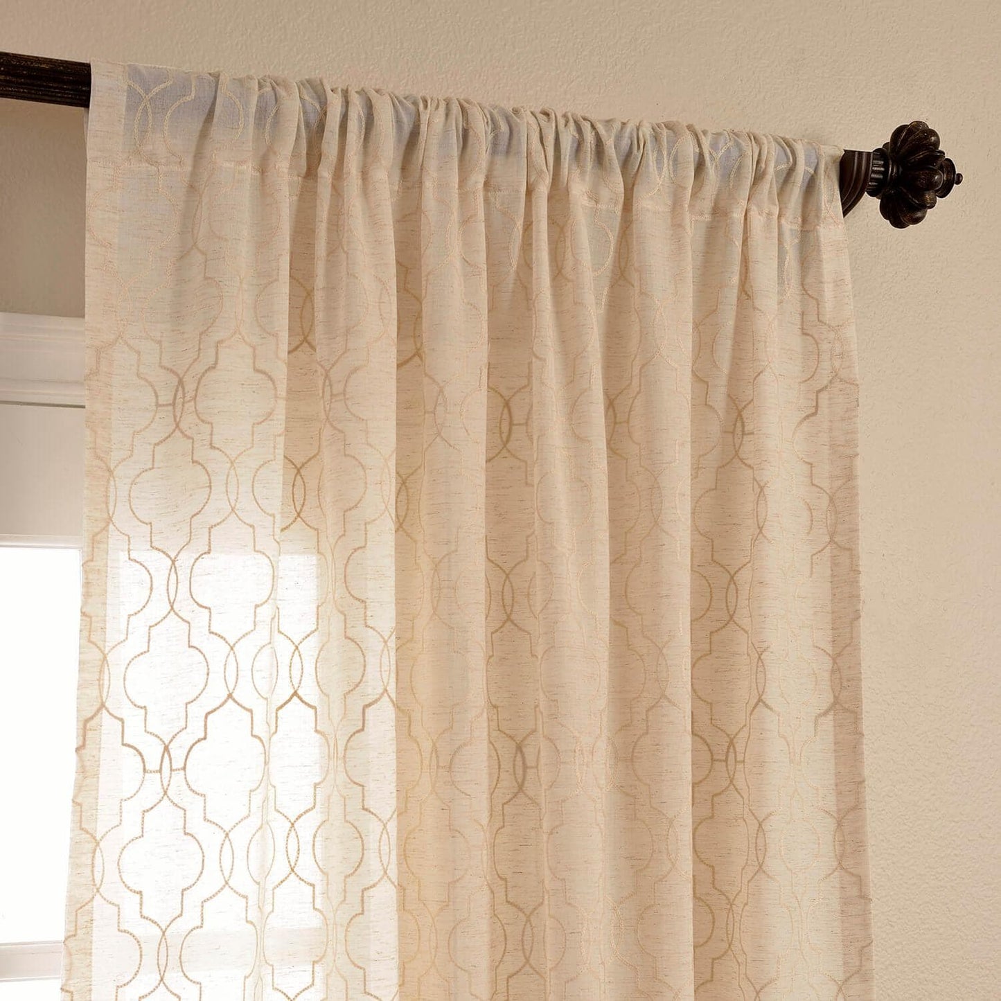 Saida Natural Embroidered Geometric Patterned Faux Linen Sheer Curtain
