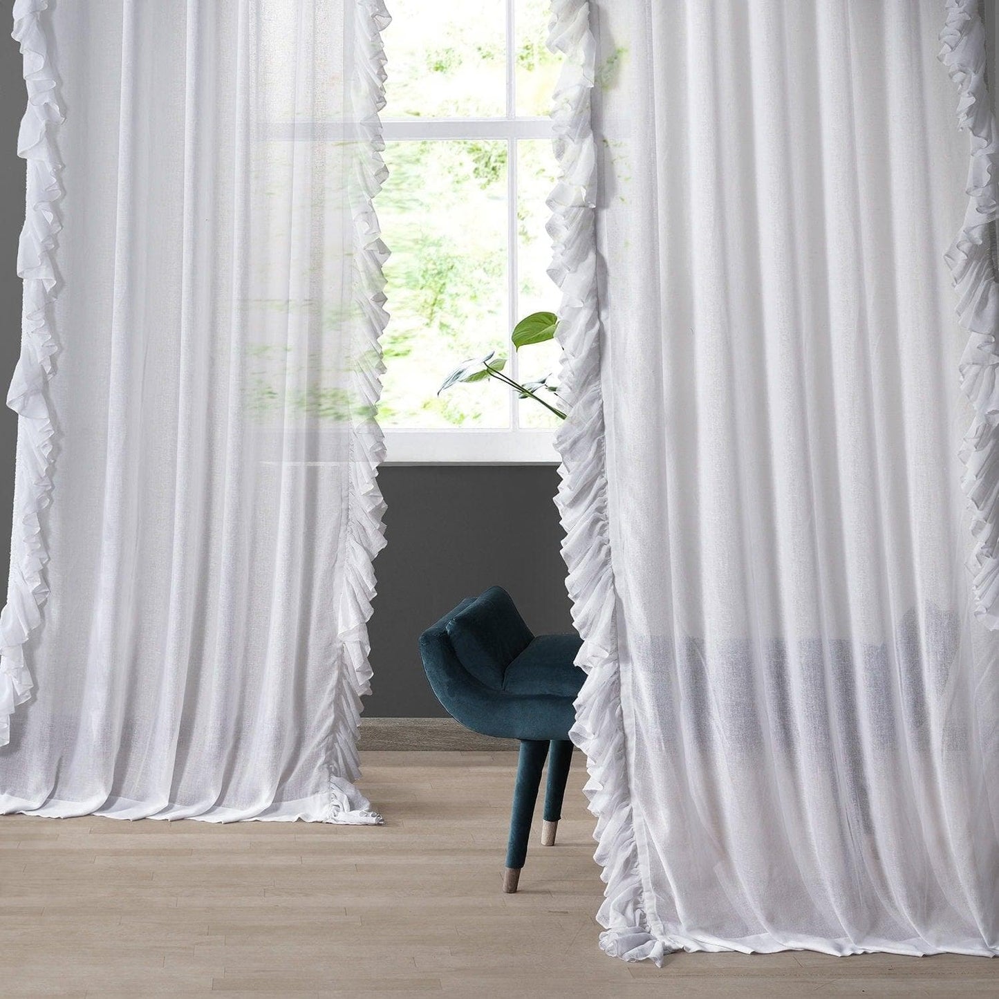 White Orchid Ruffled Faux Linen Sheer Curtain