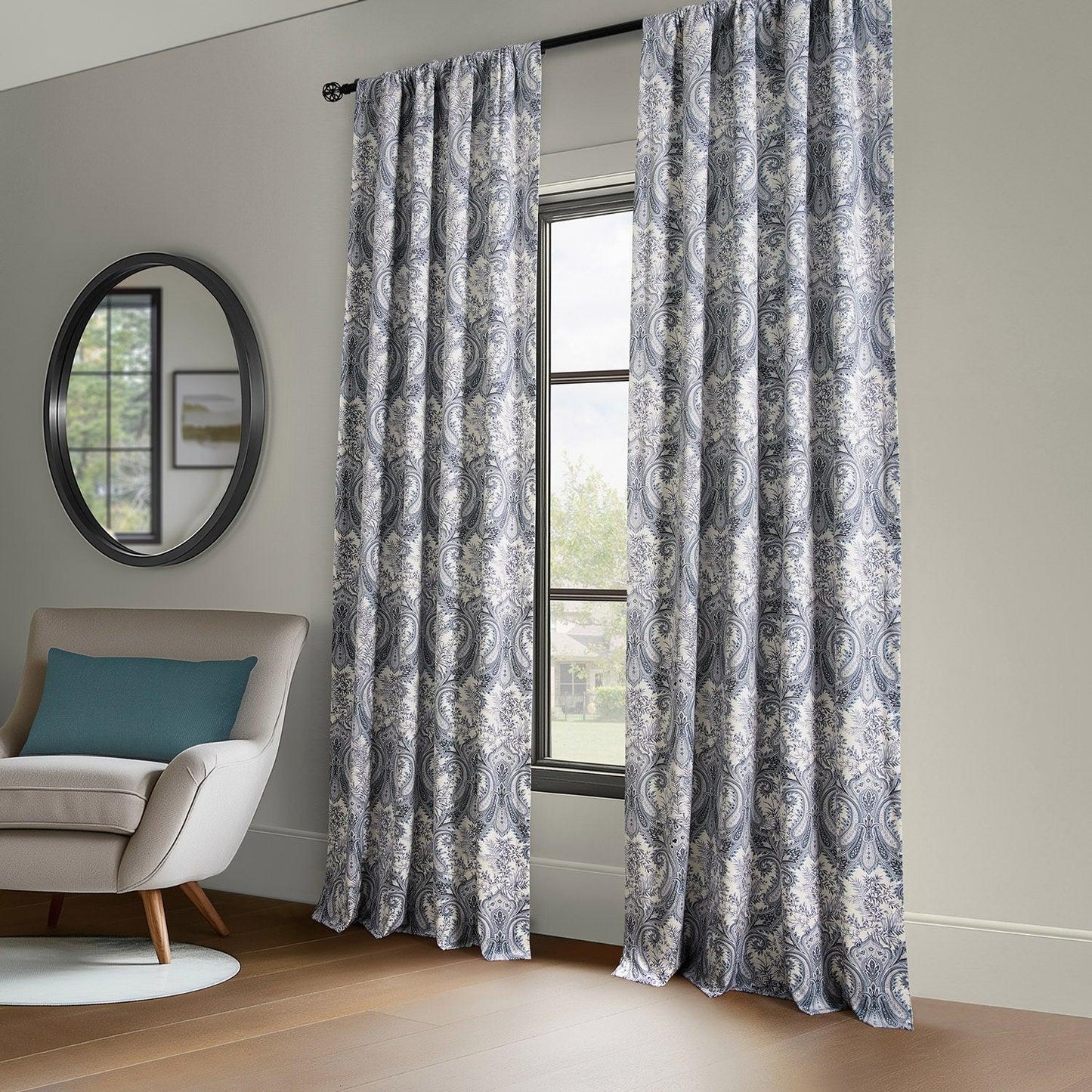 Victorian Blue Paisley Barcelona Velvet Room Darkening Curtain